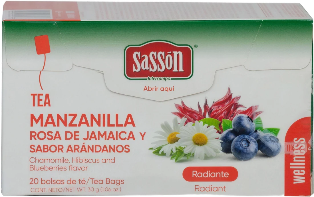Caja de té de manzanilla, rosa de Jamaica y sabor arándanos Sassón